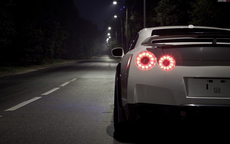 White Sports Car at Night — Dramatic, Photograph, Streetlights