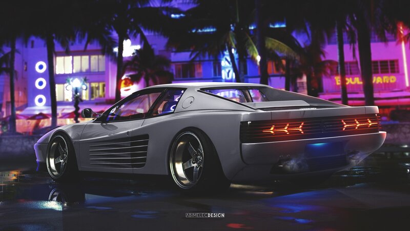 White Sports Car at Night — Purple, Dramatic