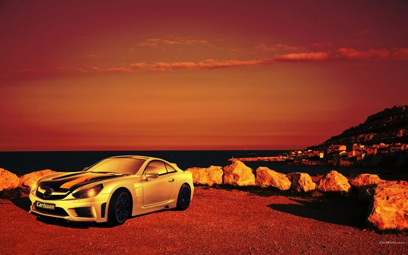 White sports car at sunset