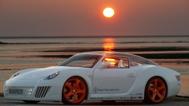 White sports car at sunset