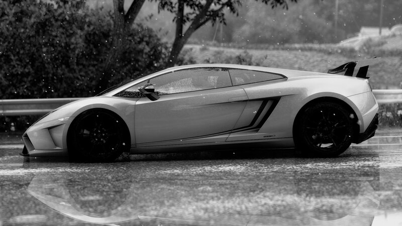 White Sports Car — Black, Dramatic, 3d Render, Rain, Trees