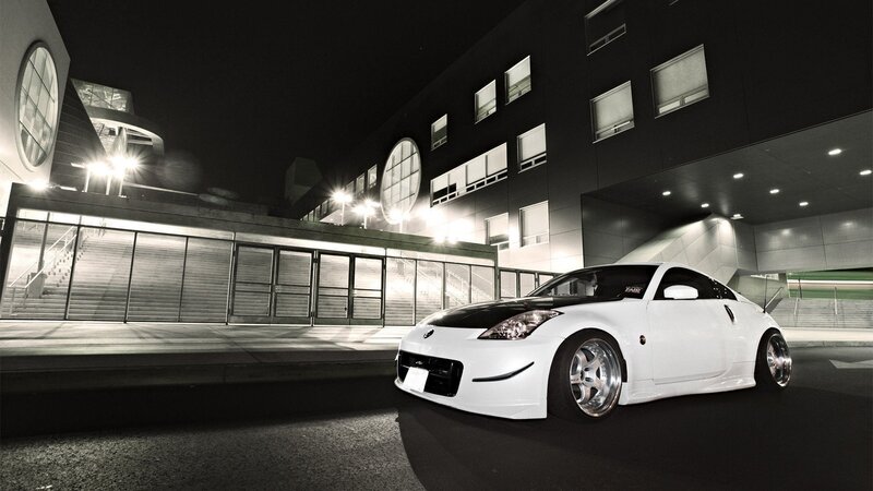 White Sports Car — Black, Dramatic, Night, Photograph, Building, Stairs