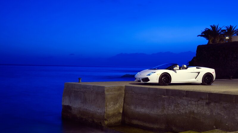 White Sports Car — Blue, Serene, Night, Photograph, Sea