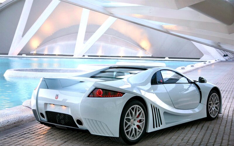white sports car by pool