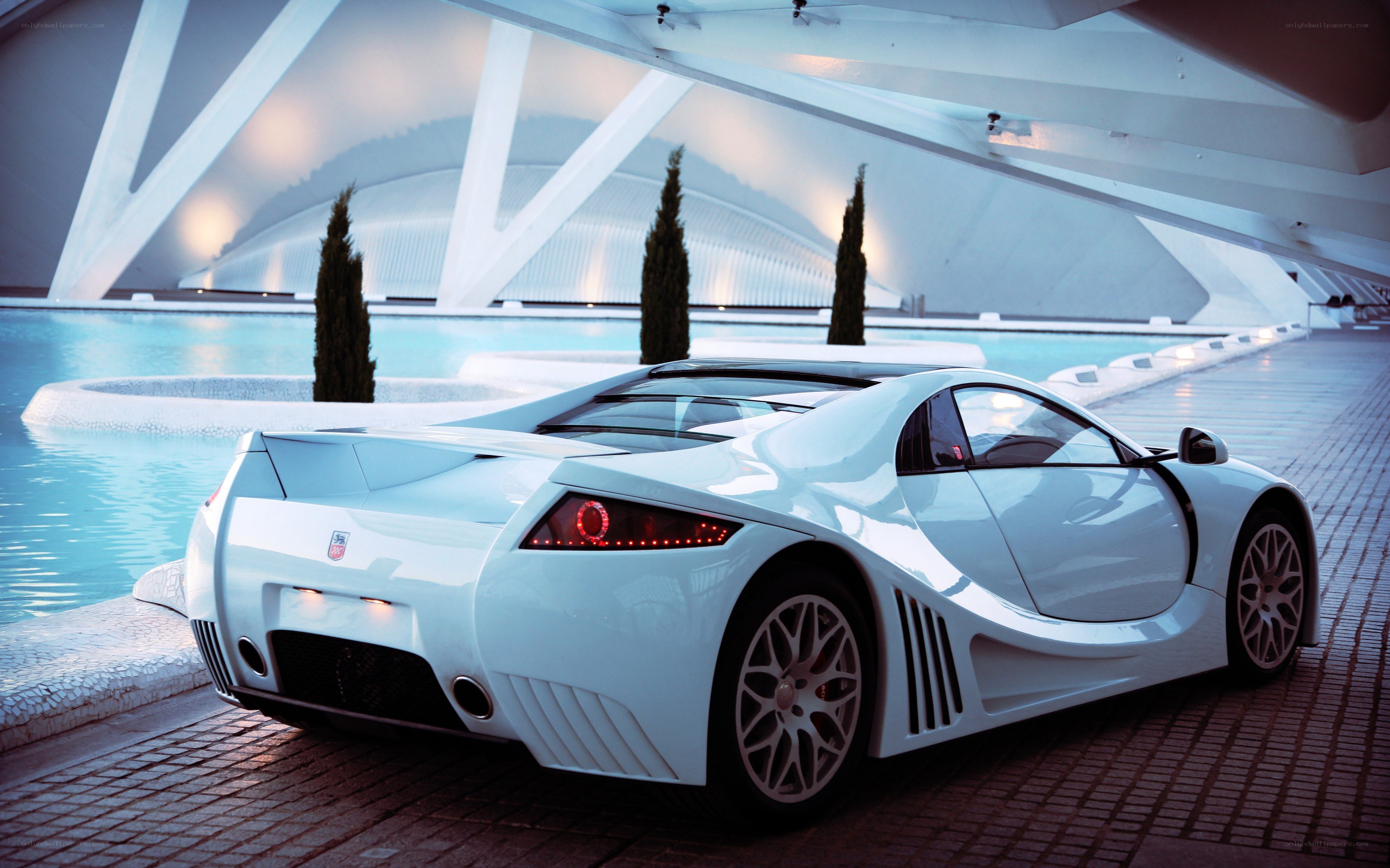 White sports car by pool