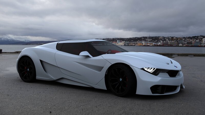 White sports car by waterfront