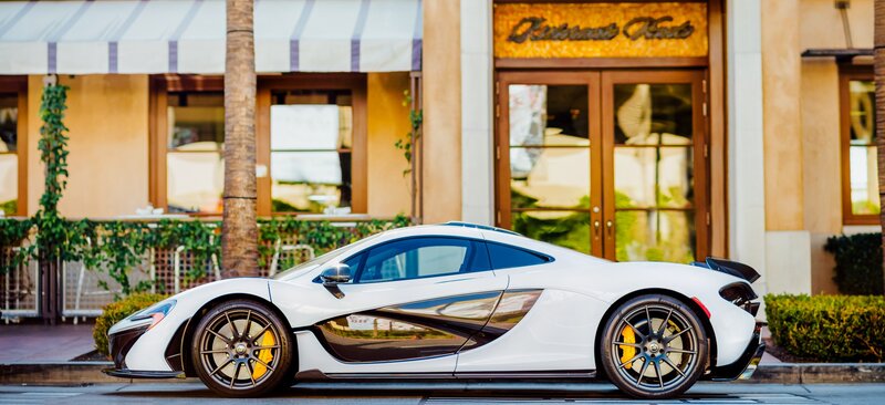 White Sports Car — Calm, Afternoon, Photograph, Building, Palm Tree