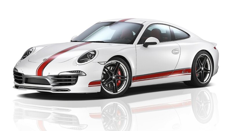 White Sports Car — Clean, Modern, Photograph, Red Stripes