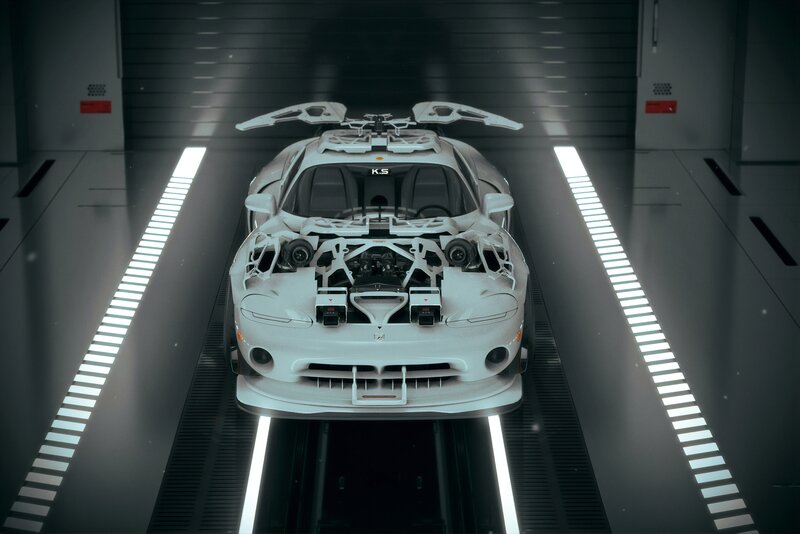 White Sports Car — Dramatic, 3d Render, Garage, Light Strips