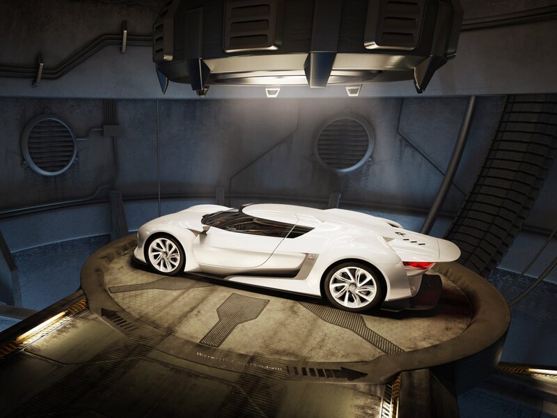 White Sports Car — Dramatic, 3d Render, Platform