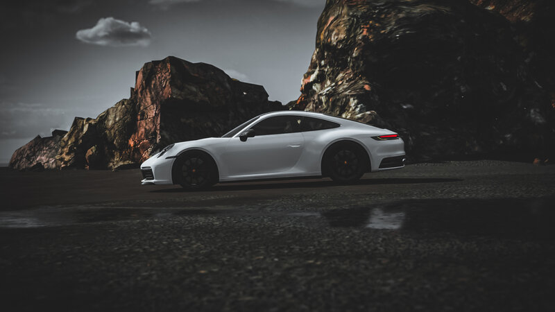 White Sports Car — Dramatic, 3d Render, Rocks