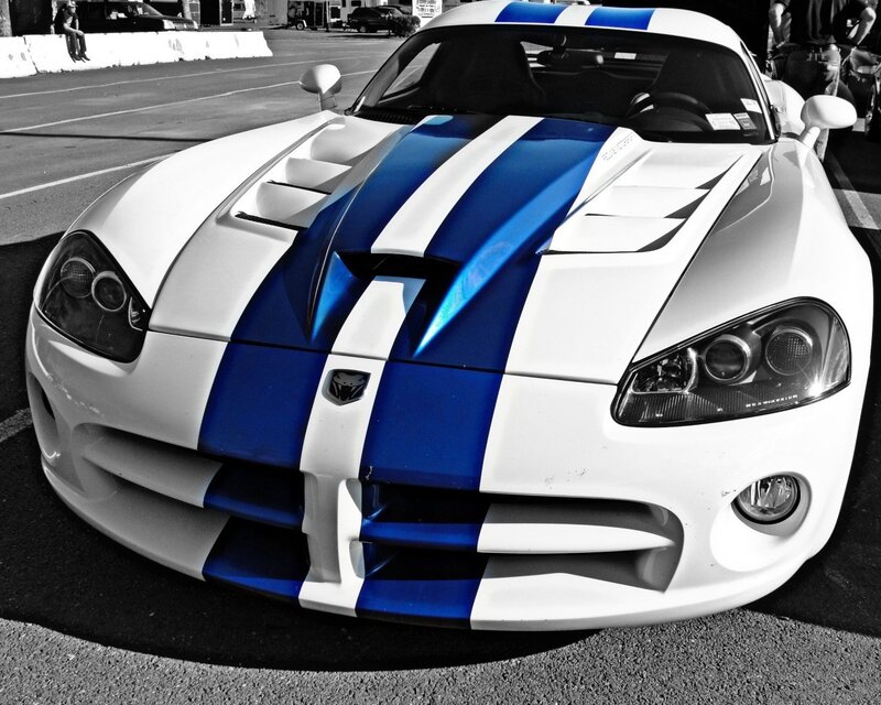 White Sports Car — Dramatic, Afternoon, Photograph, Blue Stripes, Car Hood
