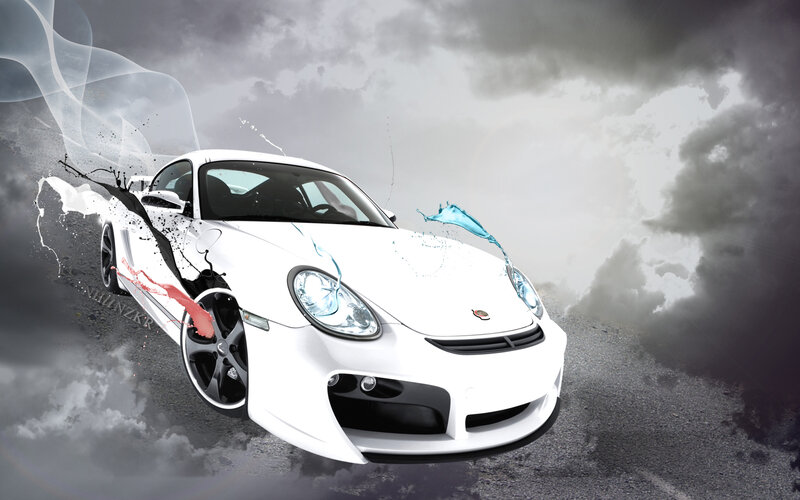 White Sports Car — Dramatic, Digital Art, Splashing Water