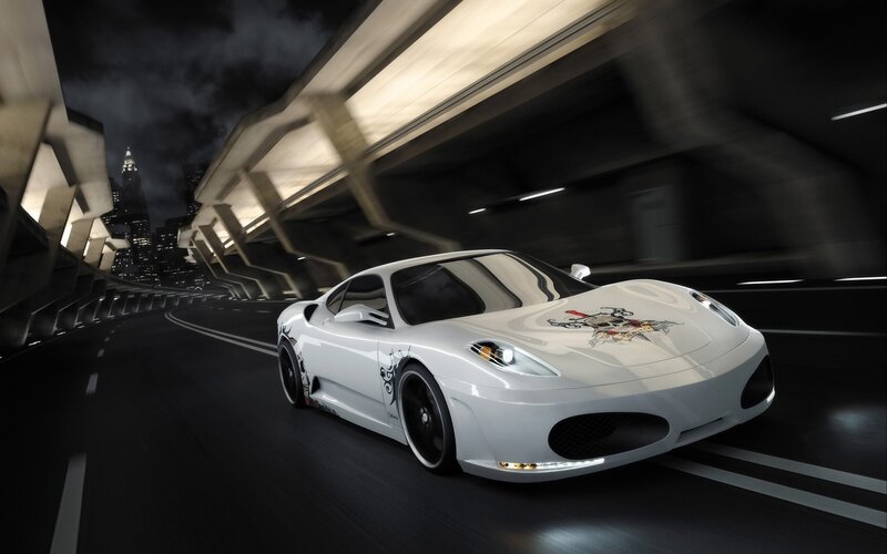 White Sports Car — Dramatic, Night, Digital Art, City Skyline, Overpass