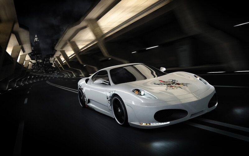 White Sports Car — Dramatic, Night, Digital Art, City Skyline, Tunnel