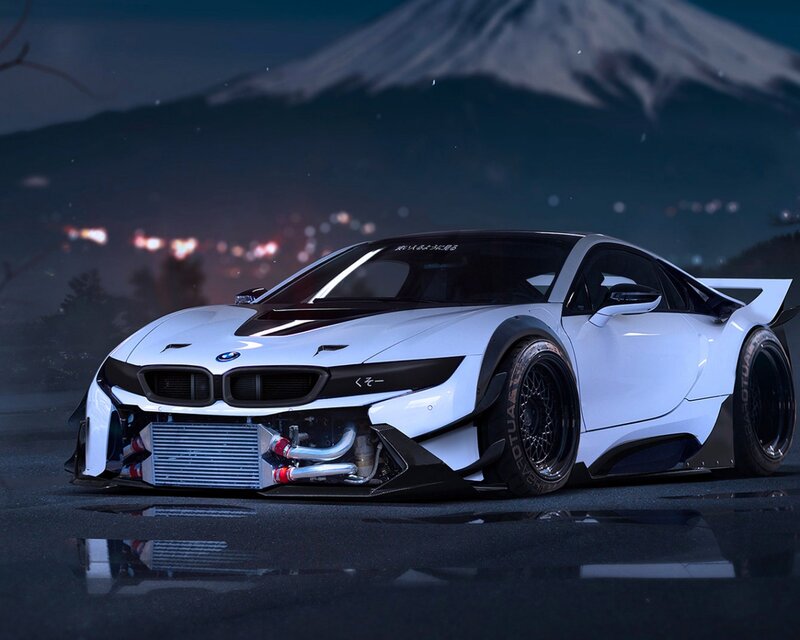 White Sports Car — Dramatic, Night, Digital Art, Mountain, City Lights