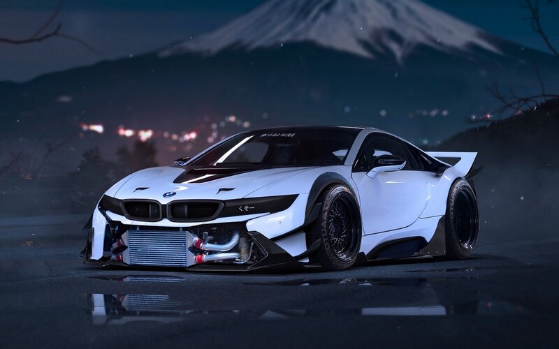 White Sports Car — Dramatic, Night, Digital Art, Mountain