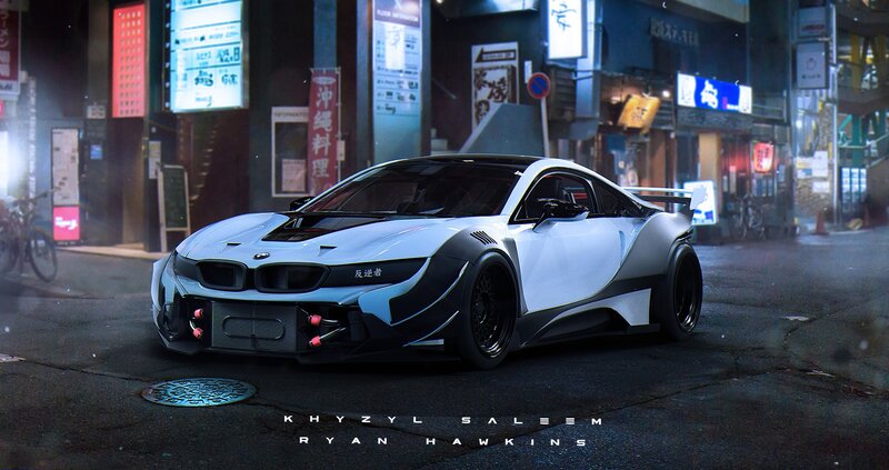 White Sports Car — Dramatic, Night, Digital Art, Street, Buildings