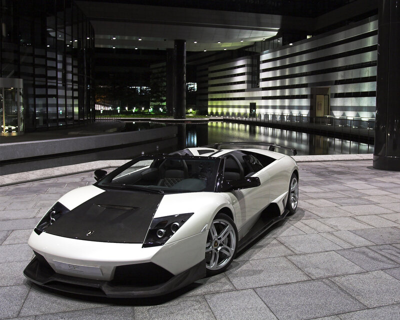 White Sports Car — Dramatic, Night, Photograph, Building, Pool