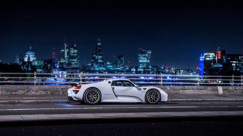 White Sports Car — Dramatic, Night, Photograph, City Skyline, Bridge, River