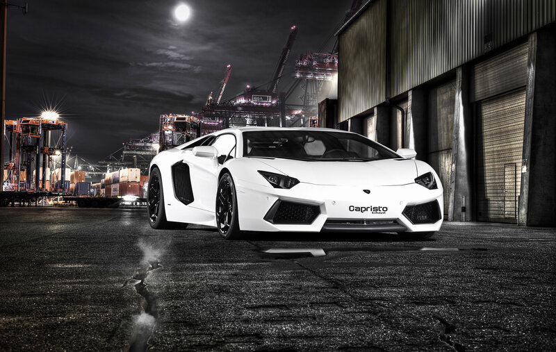 White Sports Car — Dramatic, Night, Photograph, Cranes