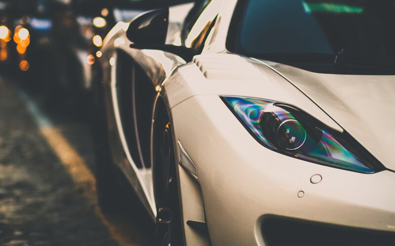 White Sports Car — Dramatic, Night, Photograph, Headlight