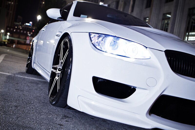 White Sports Car — Dramatic, Night, Photograph, Headlights, Wheels