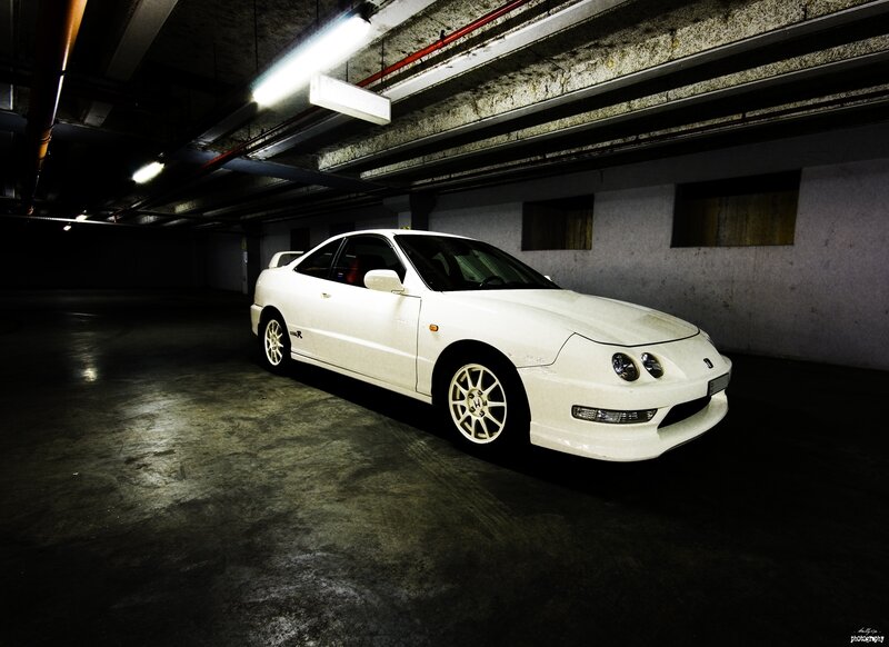White Sports Car — Dramatic, Night, Photograph, Parking Garage, Fluorescent Light