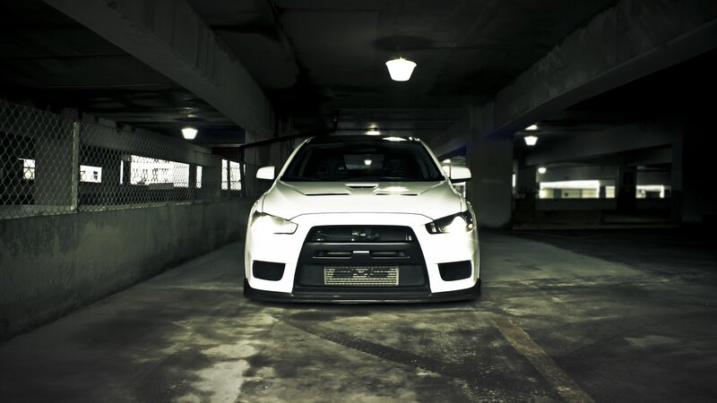 White Sports Car — Dramatic, Night, Photograph, Parking Garage, Light, Black, Gray
