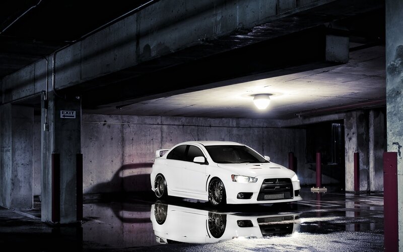 White Sports Car — Dramatic, Night, Photograph, Parking Garage, Light, Black