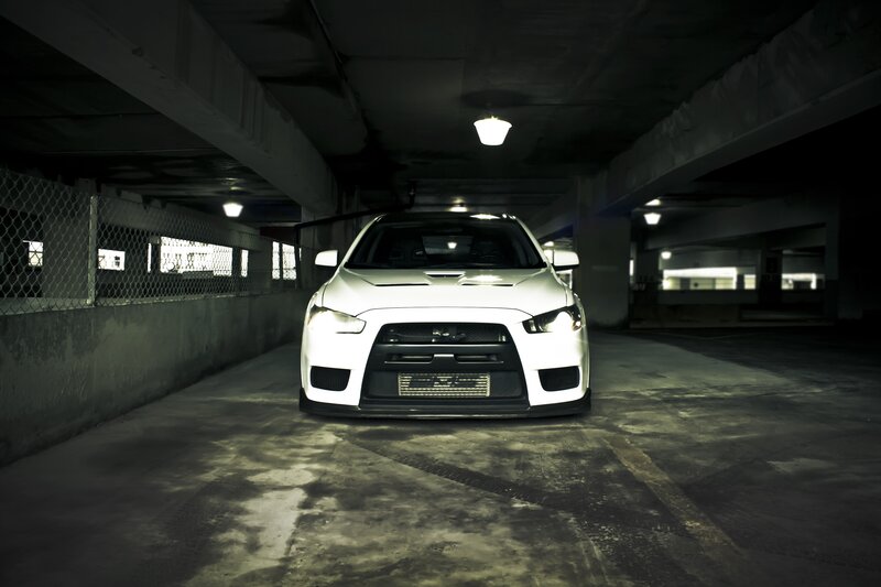 White Sports Car — Dramatic, Night, Photograph, Parking Garage, Lights, Black