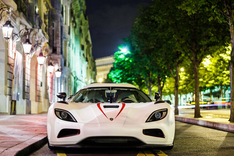 White Sports Car — Dramatic, Night, Photograph, Street, Trees