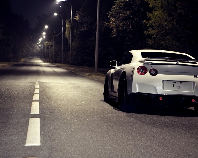 White Sports Car — Dramatic, Night, Photograph, Streetlights