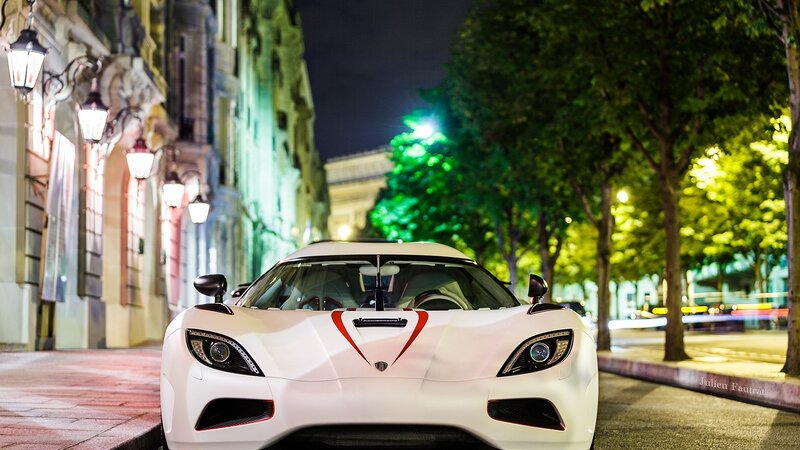White Sports Car — Dramatic, Night, Photograph, Streetlights, Trees, Buildings