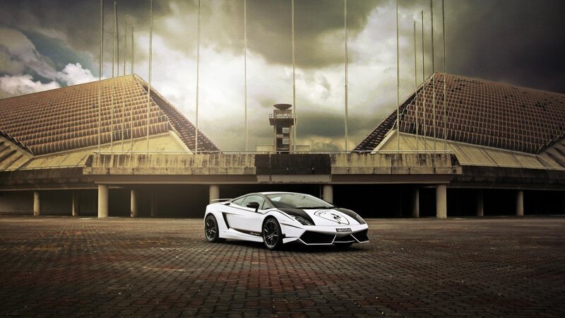 White Sports Car — Dramatic, Photograph, Building, Flagpoles