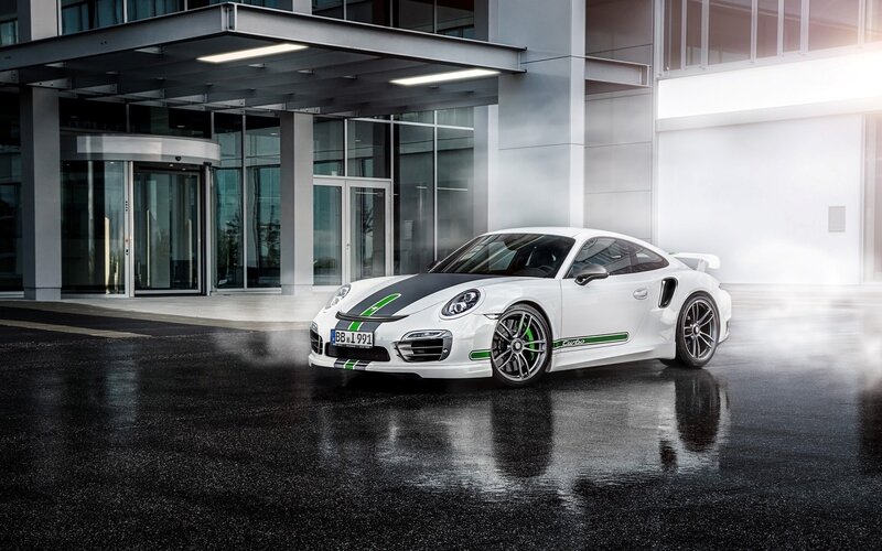 White Sports Car — Dramatic, Photograph, Building, Wet Pavement, Green Stripes