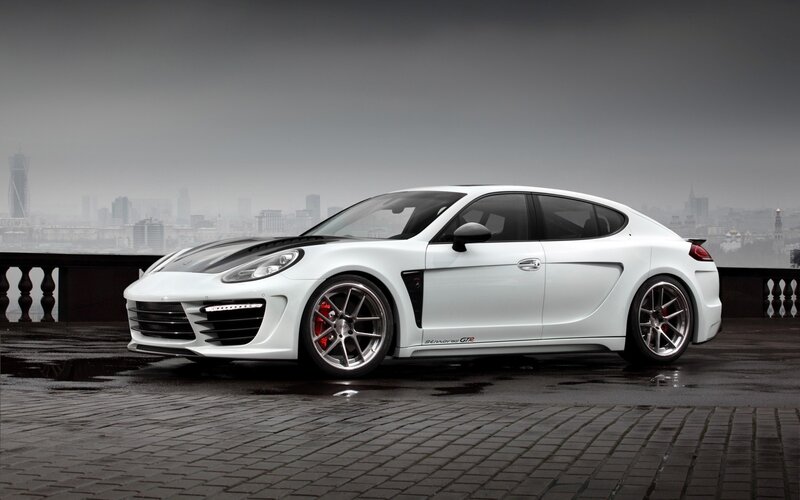 White Sports Car — Dramatic, Photograph, City Skyline, Cobblestone