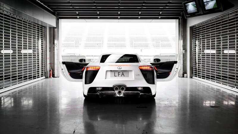 White Sports Car — Dramatic, Photograph, Garage, Open Doors