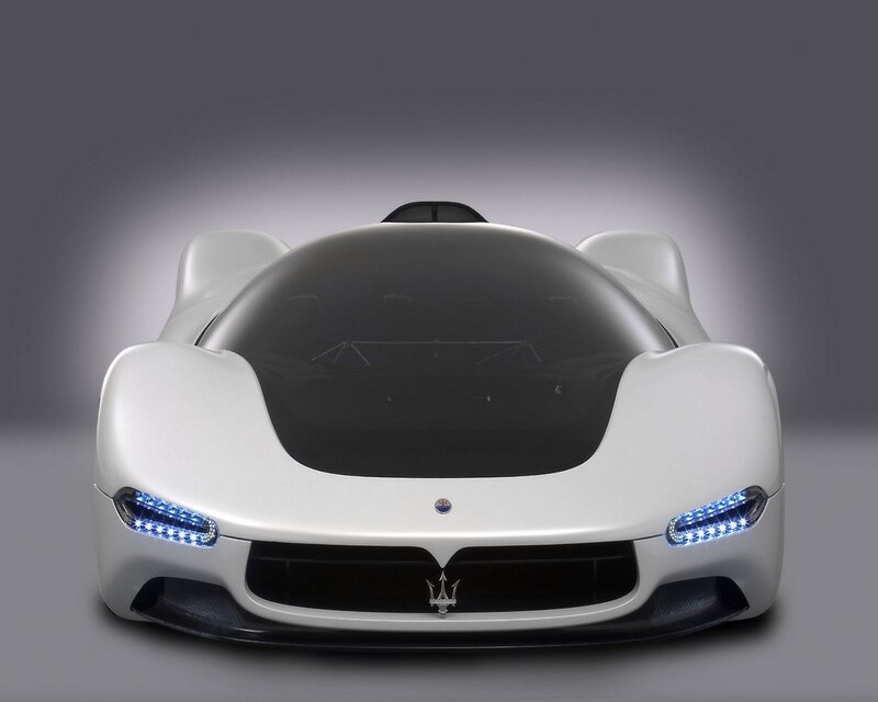 White Sports Car — Dramatic, Photograph, Headlights, Grille, Black, Blue, Maserati