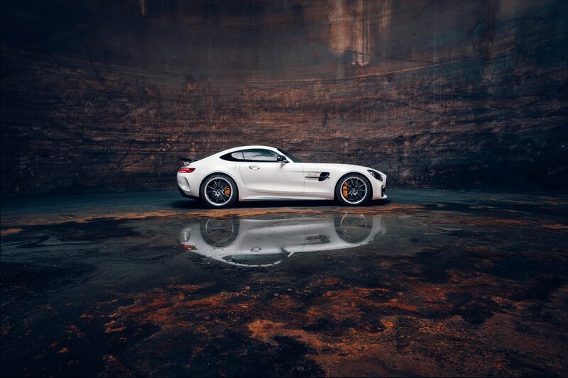 White Sports Car — Dramatic, Photograph, Puddle