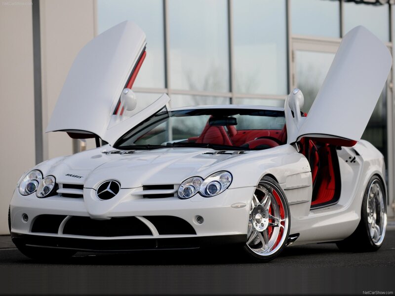 White Sports Car — Dramatic, Photograph, Red Interior, Open Doors, Building