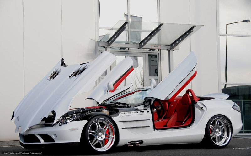 White Sports Car — Dramatic, Photograph, Red Interior, Open Doors