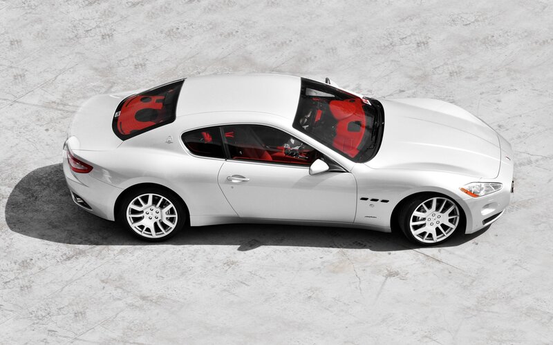 White Sports Car — Dramatic, Photograph, Red Interior, Silver Wheels