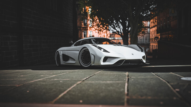 White Sports Car — Dramatic, Sunset, 3d Render, Brick Wall