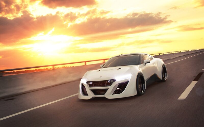 White Sports Car — Dramatic, Sunset, 3d Render, Highway