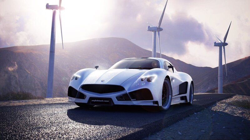 White Sports Car — Dramatic, Sunset, 3d Render, Wind Turbines, Mountains