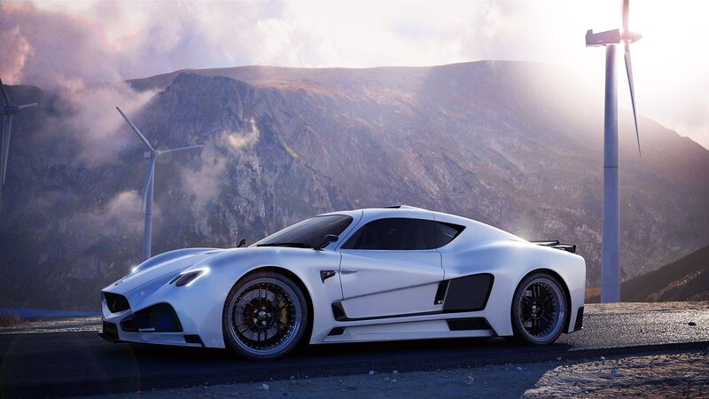 White Sports Car — Dramatic, Sunset, 3d Render, Wind Turbines