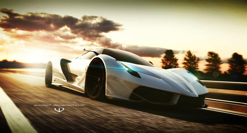White Sports Car — Dramatic, Sunset, Digital Art, Road, Sky