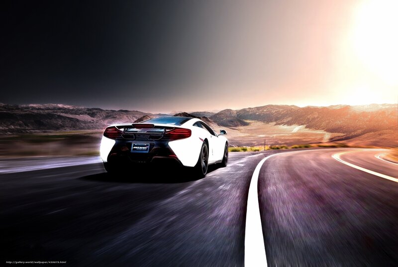 White Sports Car — Dramatic, Sunset, Digital Art, Road