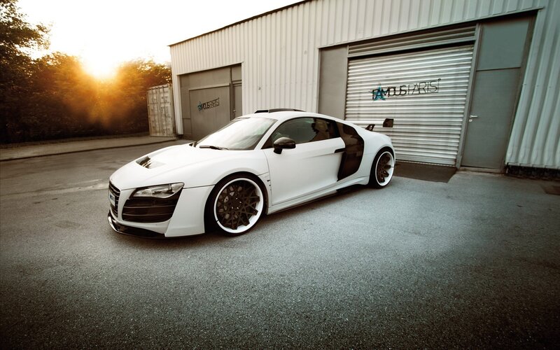 White Sports Car — Dramatic, Sunset, Photograph, Building, Garage Door